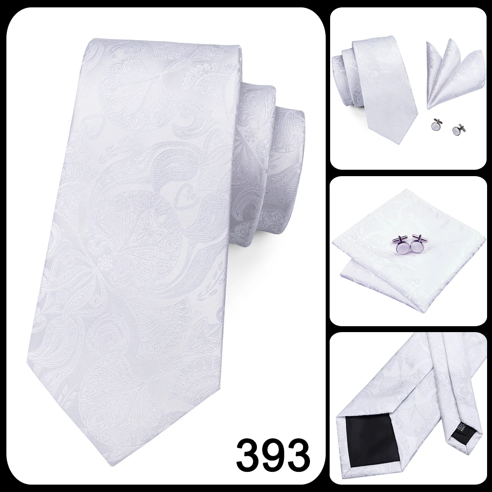 White Sliver Men's Ties Hanky Cufflinks Set Silk Neck ties For Men Wedding Party Business Mens Tie 2022 New Fashion Brand Hi-Tie