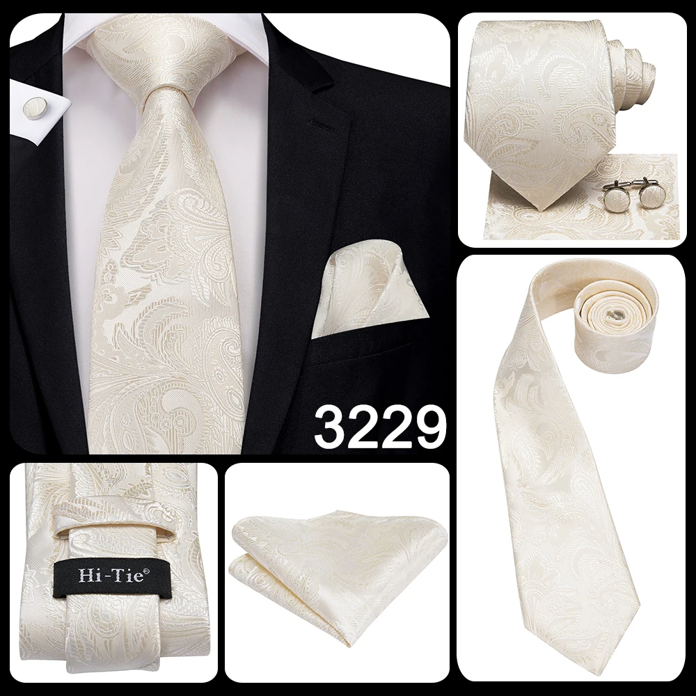 White Sliver Men's Ties Hanky Cufflinks Set Silk Neck ties For Men Wedding Party Business Mens Tie 2022 New Fashion Brand Hi-Tie