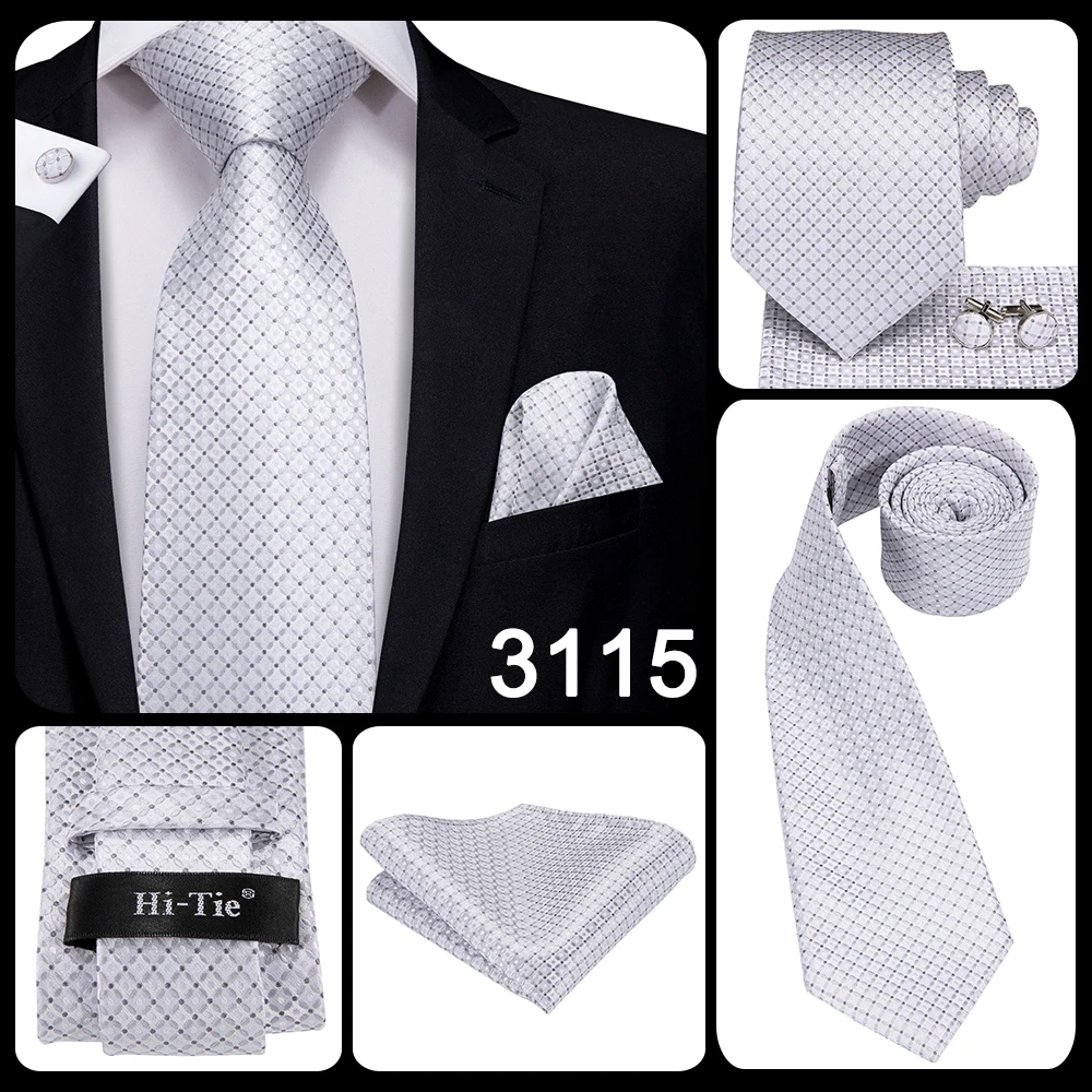 White Sliver Men's Ties Hanky Cufflinks Set Silk Neck ties For Men Wedding Party Business Mens Tie 2022 New Fashion Brand Hi-Tie