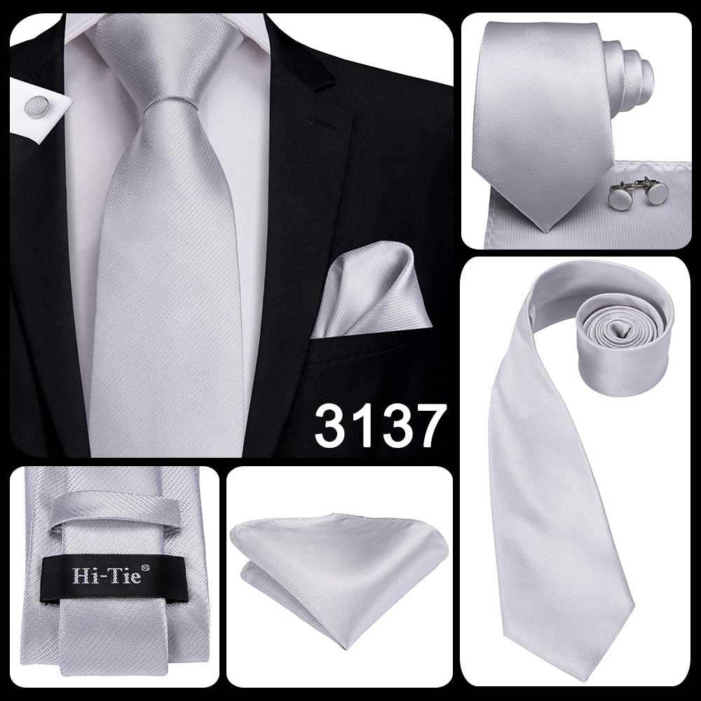 White Sliver Men's Ties Hanky Cufflinks Set Silk Neck ties For Men Wedding Party Business Mens Tie 2022 New Fashion Brand Hi-Tie