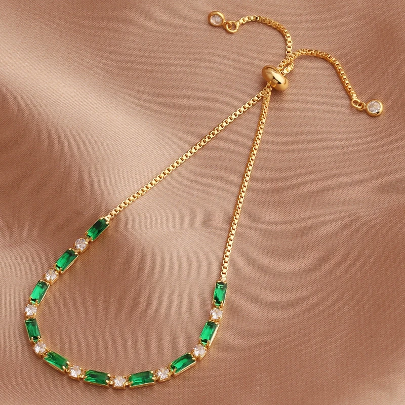 Green Shiny Charm CZ Tennis Bracelet for Women Crystal Zircon Jewelry Adjustable 18K Gold Plated Box Chain Bracelets Gift