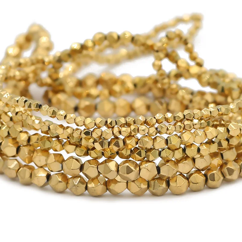 Real Gold Plated 2/3/4MM New Faceted Round Hematite Natural Stone Spacer Loose Beads For Jewelry Making Diy Bracelets Necklace