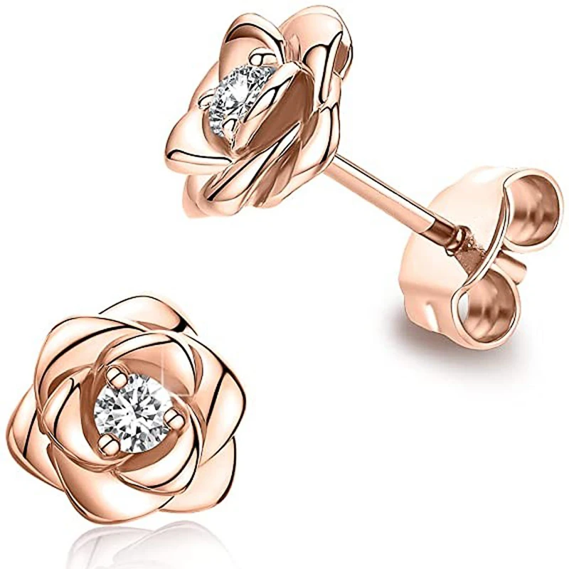 Huitan Exquisite Rose Stud Earrings for Women Luxury Sparkling Cubic Zirconia Temperament Sweet Flower Earrings Fashion Jewelry