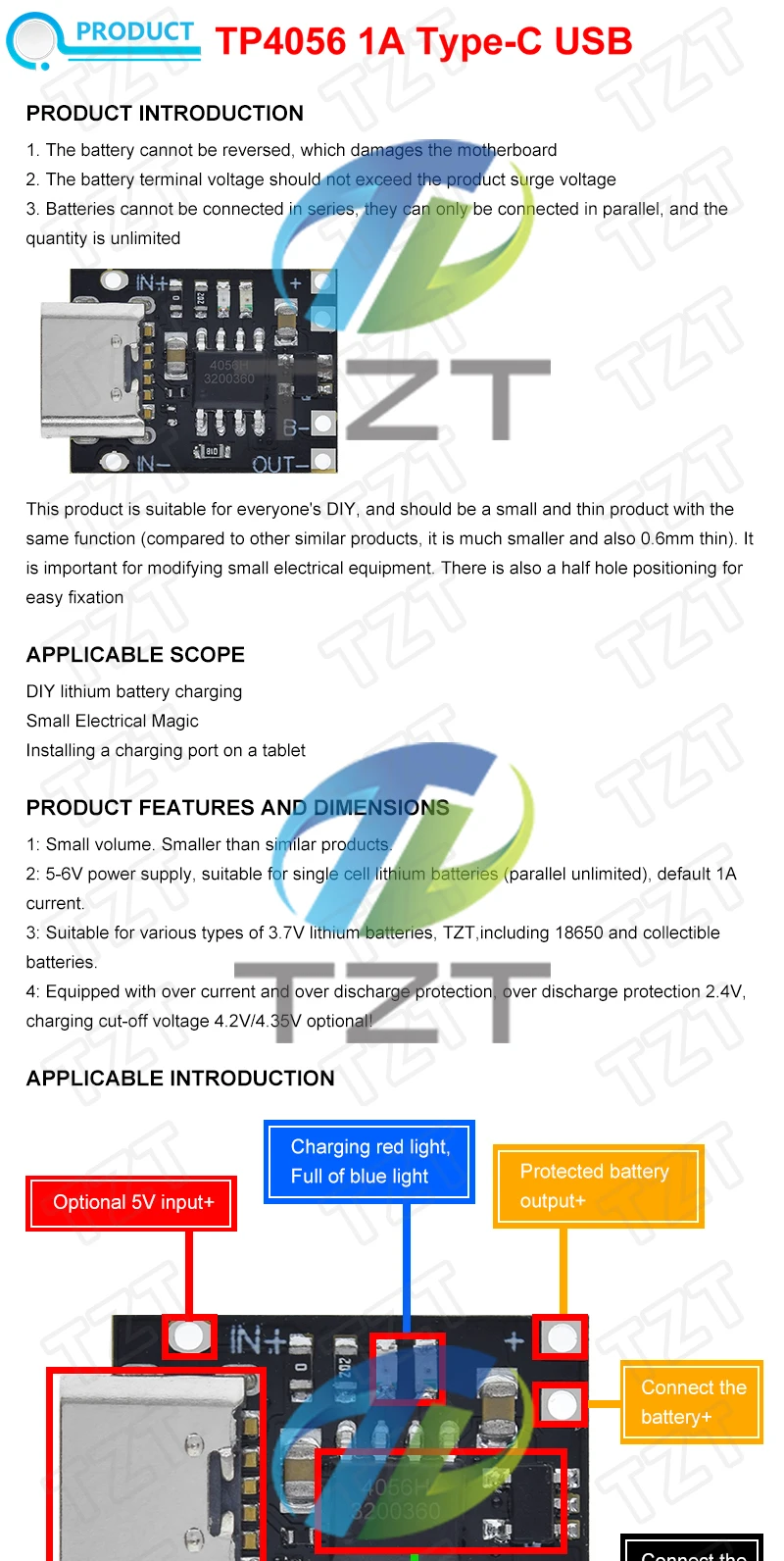 TZT 1/5/10PCS Type-C USB TP4056 1A Lithium Battery Charging Protection Board Module Polymer Battery With Temperature Protection