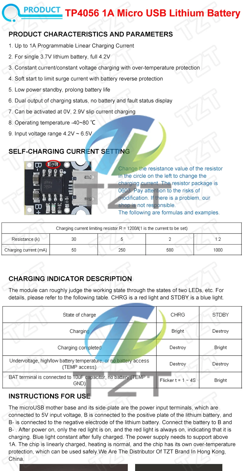 TZT 1/5/10PCS Type-C USB TP4056 1A Lithium Battery Charging Protection Board Module Polymer Battery With Temperature Protection