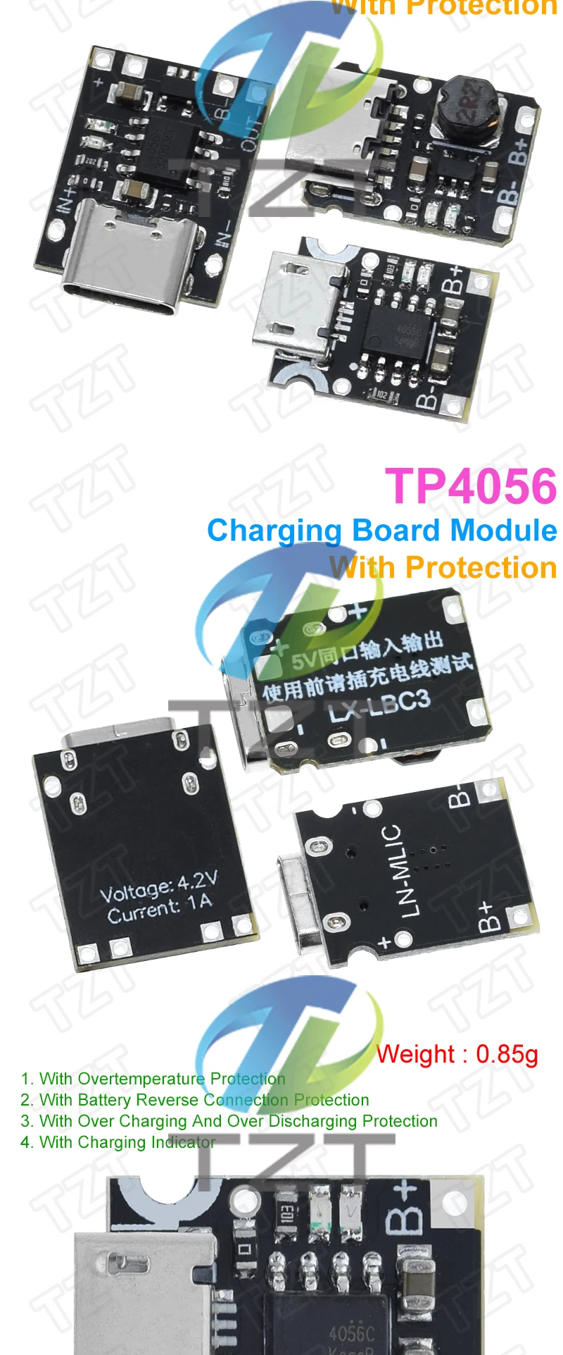TZT 1/5/10PCS Type-C USB TP4056 1A Lithium Battery Charging Protection Board Module Polymer Battery With Temperature Protection