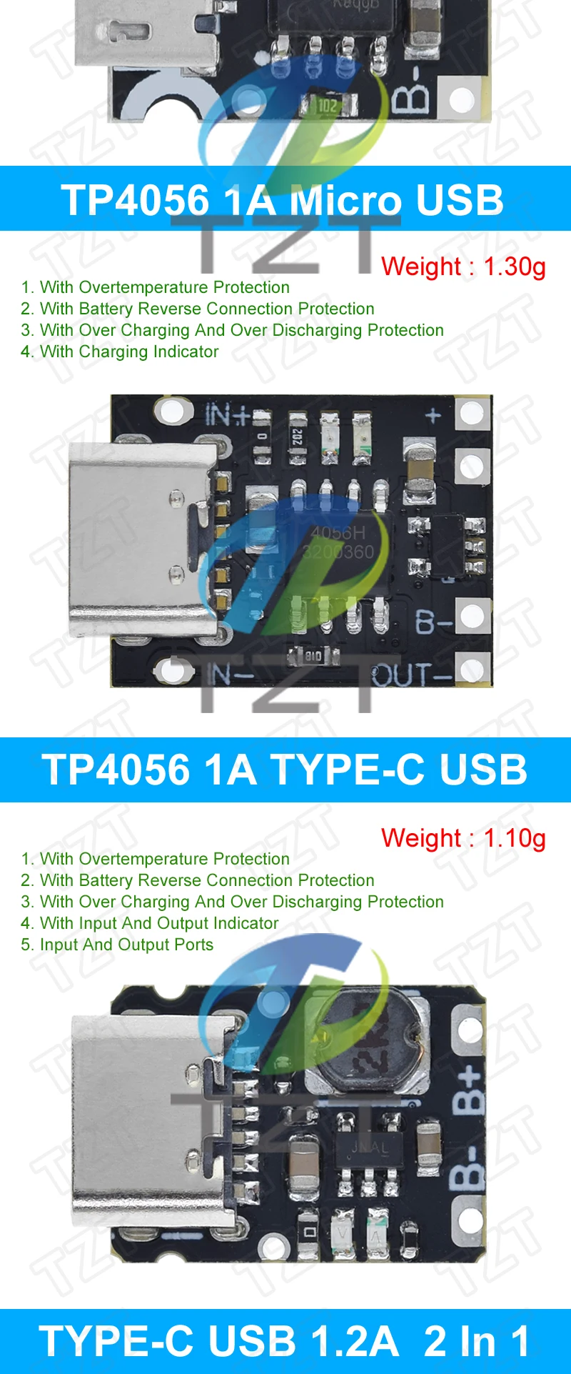 TZT 1/5/10PCS Type-C USB TP4056 1A Lithium Battery Charging Protection Board Module Polymer Battery With Temperature Protection
