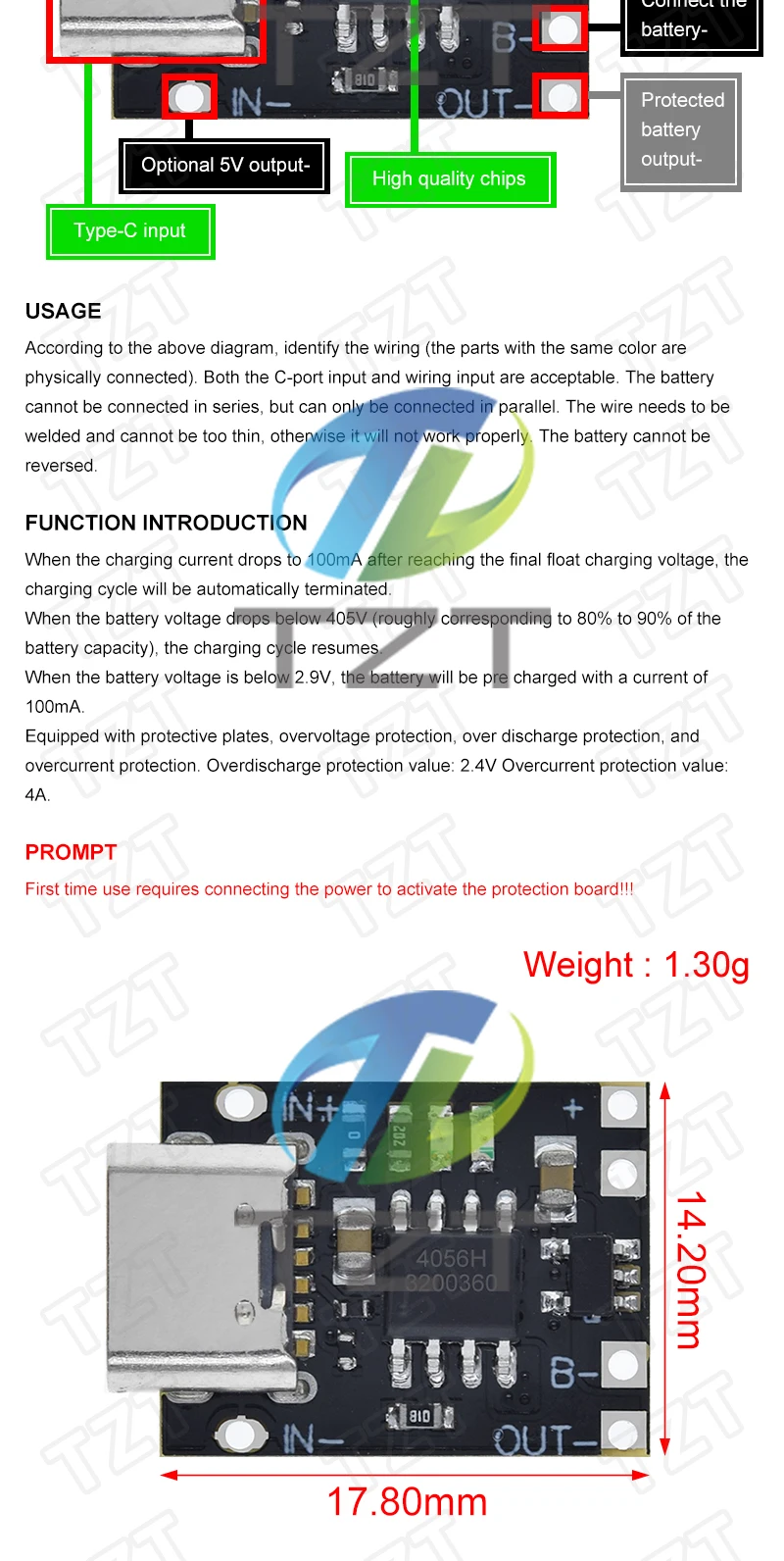 TZT 1/5/10PCS Type-C USB TP4056 1A Lithium Battery Charging Protection Board Module Polymer Battery With Temperature Protection