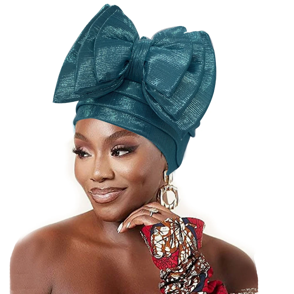 Sweet Bowknot Turban Cap for Woman Metallic luster African Head Wrap Bonnet Party Headpiece Turbante Mujer Muslim Headscarf Hat