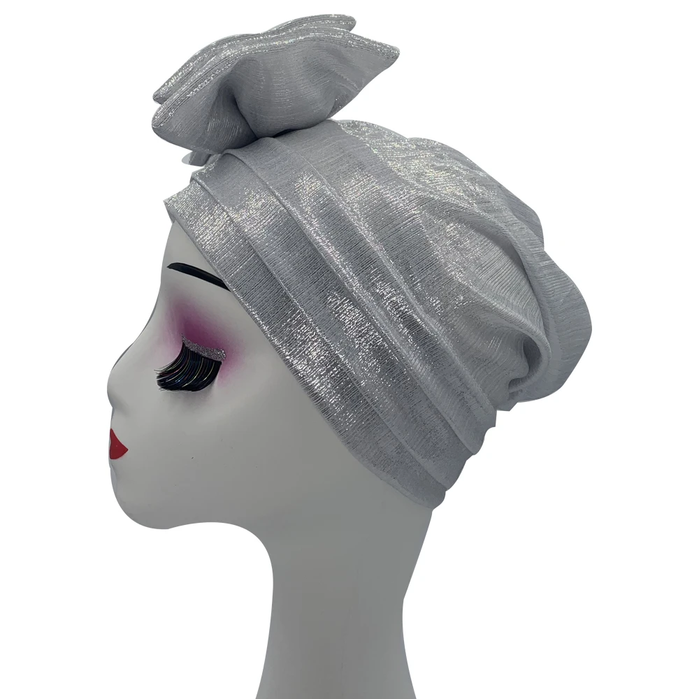 Sweet Bowknot Turban Cap for Woman Metallic luster African Head Wrap Bonnet Party Headpiece Turbante Mujer Muslim Headscarf Hat