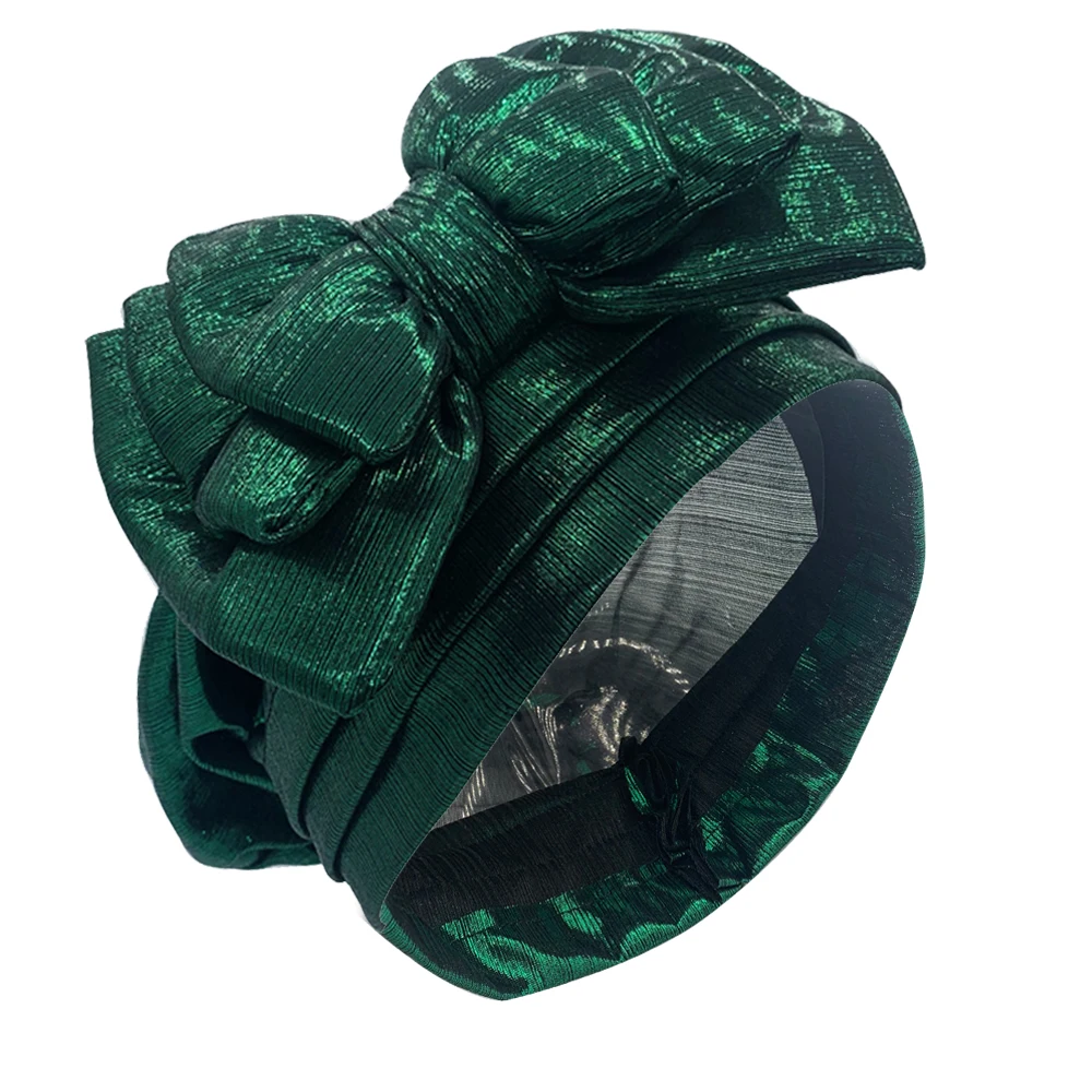 Sweet Bowknot Turban Cap for Woman Metallic luster African Head Wrap Bonnet Party Headpiece Turbante Mujer Muslim Headscarf Hat