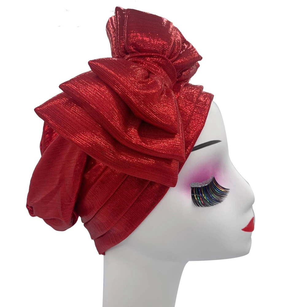 Sweet Bowknot Turban Cap for Woman Metallic luster African Head Wrap Bonnet Party Headpiece Turbante Mujer Muslim Headscarf Hat