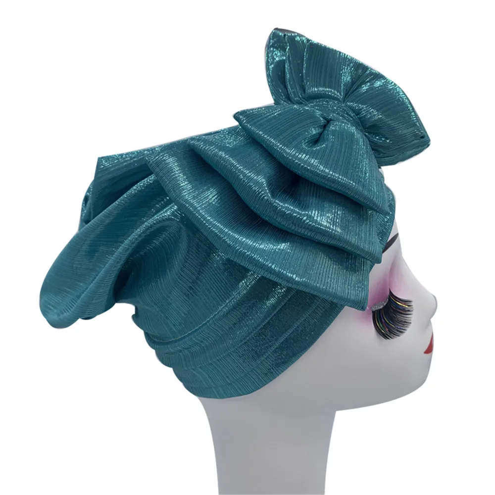 Sweet Bowknot Turban Cap for Woman Metallic luster African Head Wrap Bonnet Party Headpiece Turbante Mujer Muslim Headscarf Hat