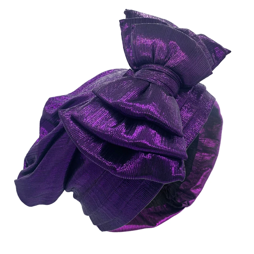 Sweet Bowknot Turban Cap for Woman Metallic luster African Head Wrap Bonnet Party Headpiece Turbante Mujer Muslim Headscarf Hat