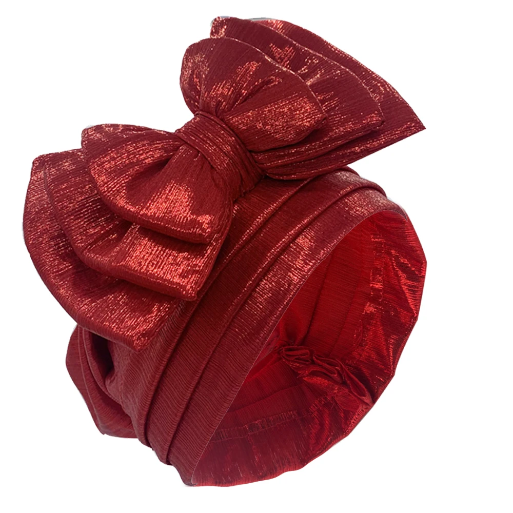 Sweet Bowknot Turban Cap for Woman Metallic luster African Head Wrap Bonnet Party Headpiece Turbante Mujer Muslim Headscarf Hat