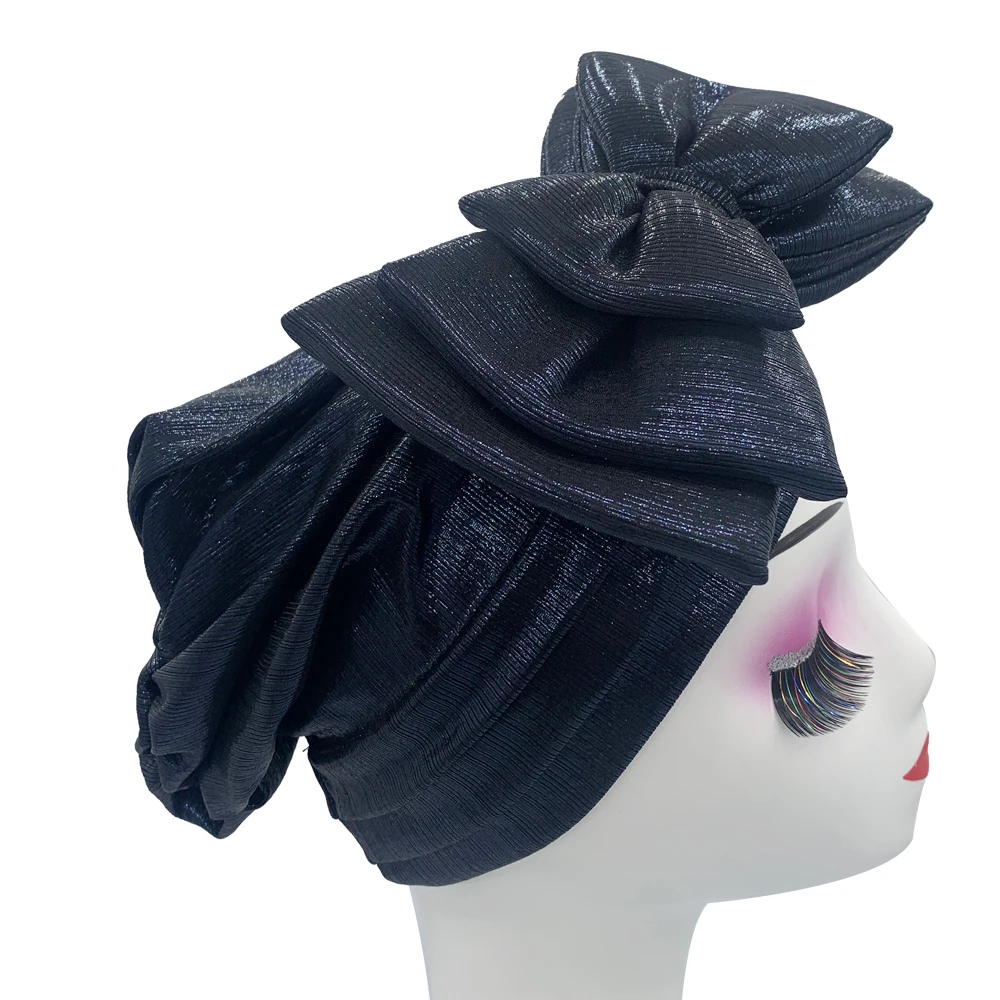 Sweet Bowknot Turban Cap for Woman Metallic luster African Head Wrap Bonnet Party Headpiece Turbante Mujer Muslim Headscarf Hat