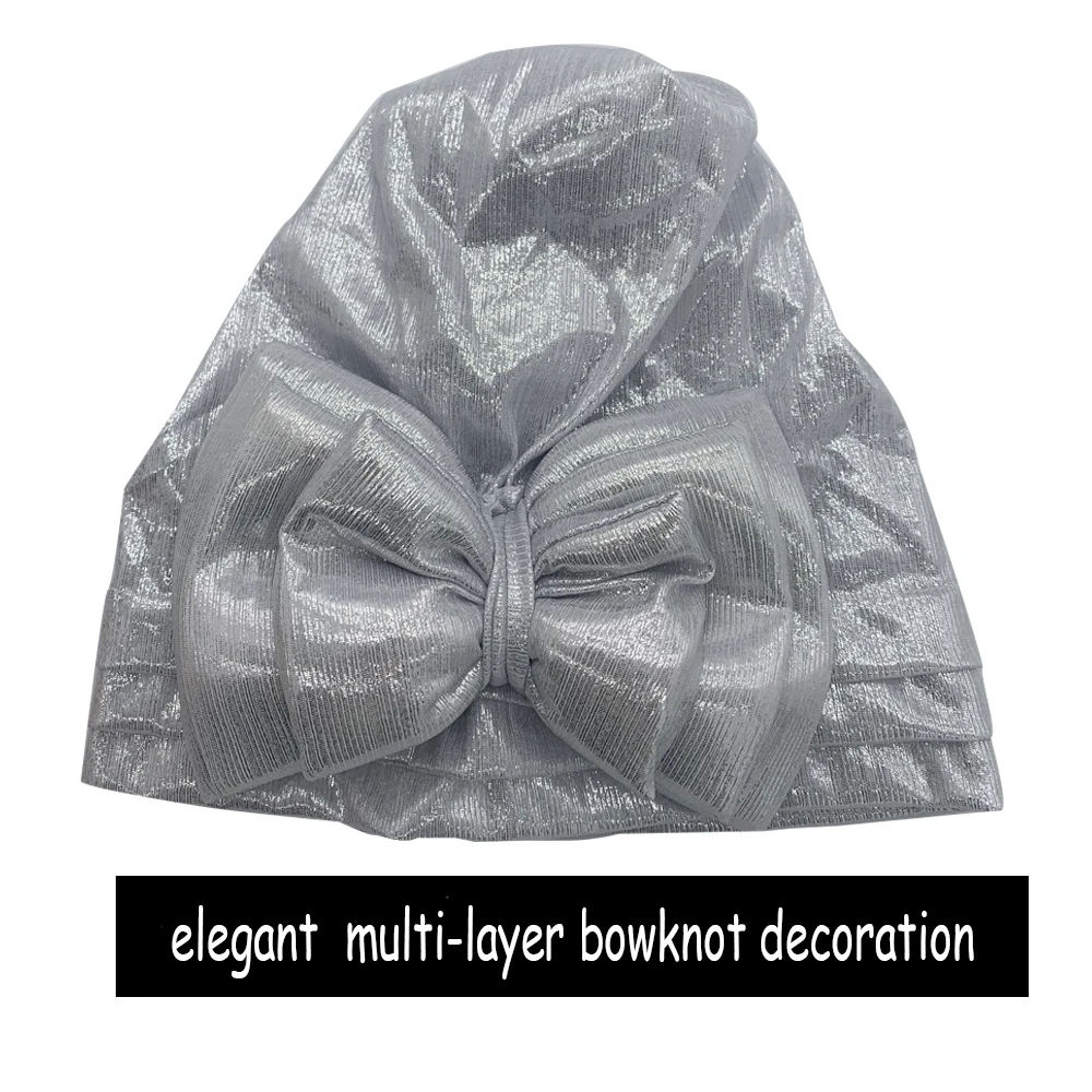 Sweet Bowknot Turban Cap for Woman Metallic luster African Head Wrap Bonnet Party Headpiece Turbante Mujer Muslim Headscarf Hat