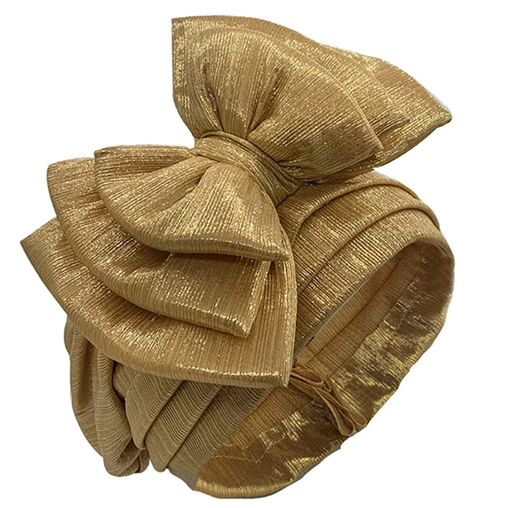 Sweet Bowknot Turban Cap for Woman Metallic luster African Head Wrap Bonnet Party Headpiece Turbante Mujer Muslim Headscarf Hat