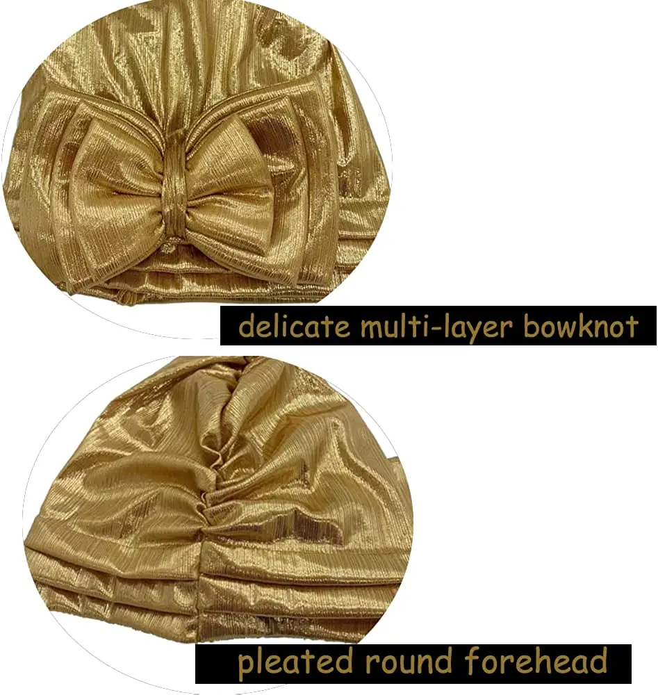 Sweet Bowknot Turban Cap for Woman Metallic luster African Head Wrap Bonnet Party Headpiece Turbante Mujer Muslim Headscarf Hat