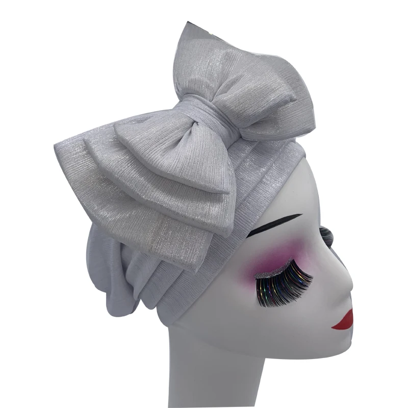 Sweet Bowknot Turban Cap for Woman Metallic luster African Head Wrap Bonnet Party Headpiece Turbante Mujer Muslim Headscarf Hat