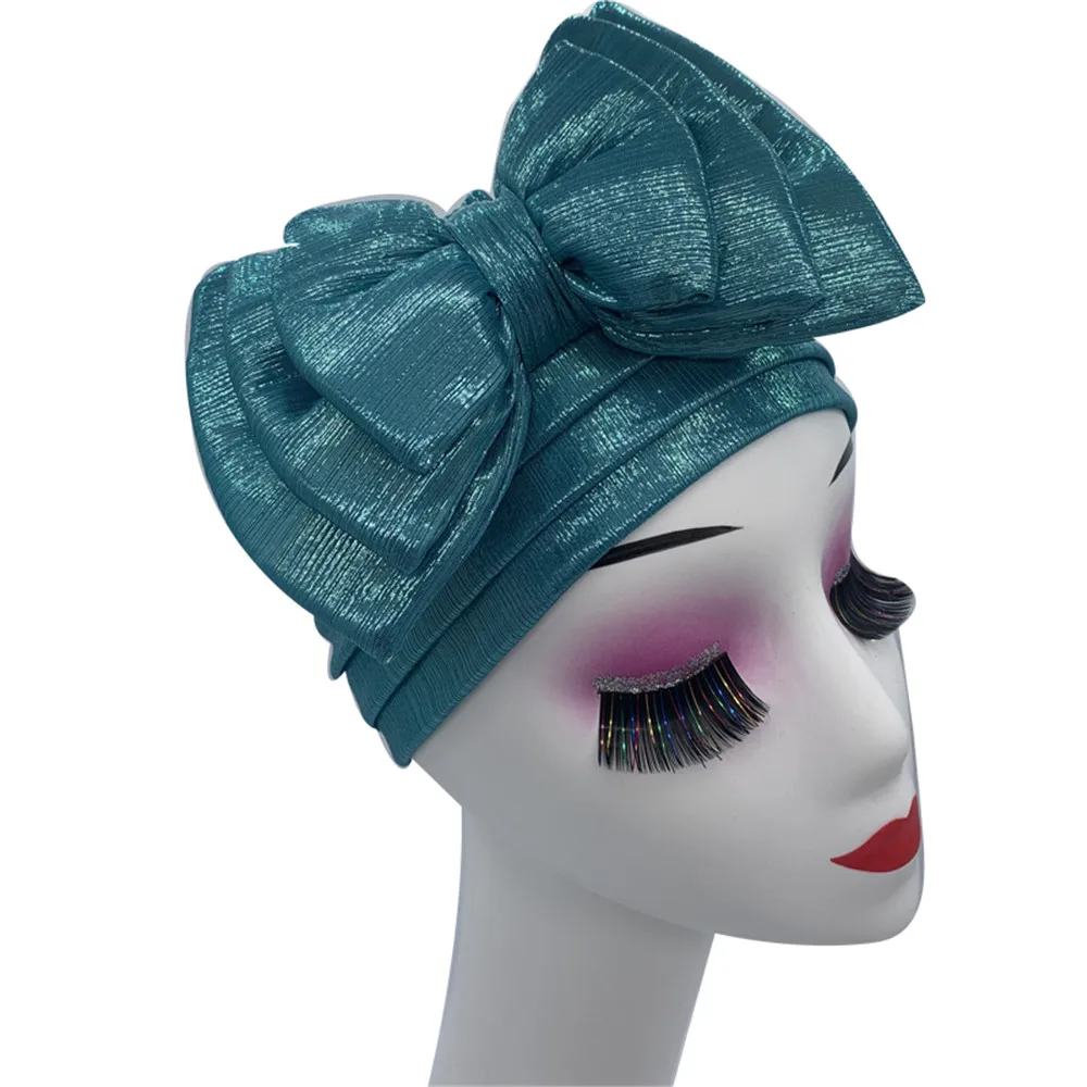 Sweet Bowknot Turban Cap for Woman Metallic luster African Head Wrap Bonnet Party Headpiece Turbante Mujer Muslim Headscarf Hat