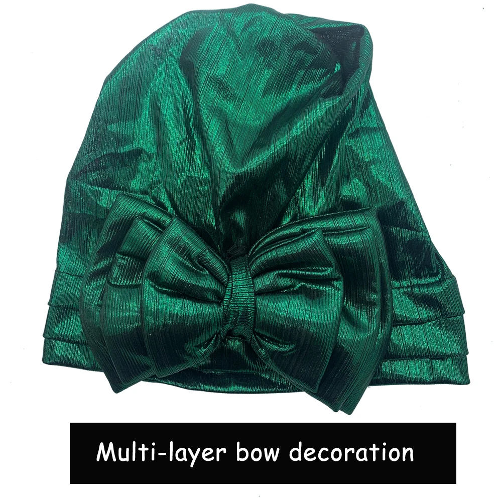 Sweet Bowknot Turban Cap for Woman Metallic luster African Head Wrap Bonnet Party Headpiece Turbante Mujer Muslim Headscarf Hat
