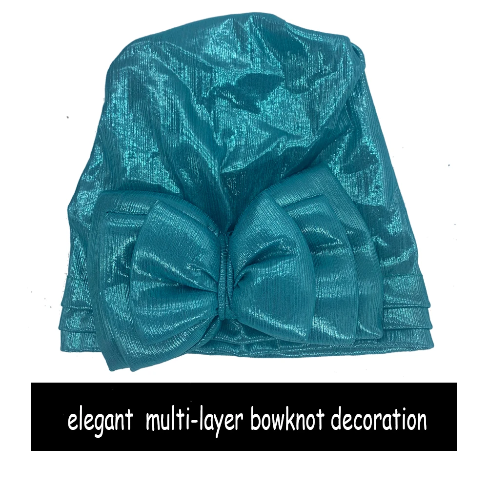 Sweet Bowknot Turban Cap for Woman Metallic luster African Head Wrap Bonnet Party Headpiece Turbante Mujer Muslim Headscarf Hat