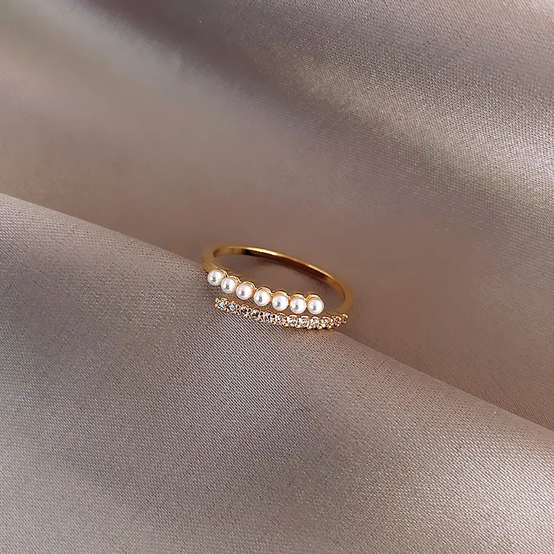Light Luxury Micro Rhinestone Rings Woman Gold-color Elegant Simulated Pearl Open Ring Party Wedding Stackable Ring Jewelry A-