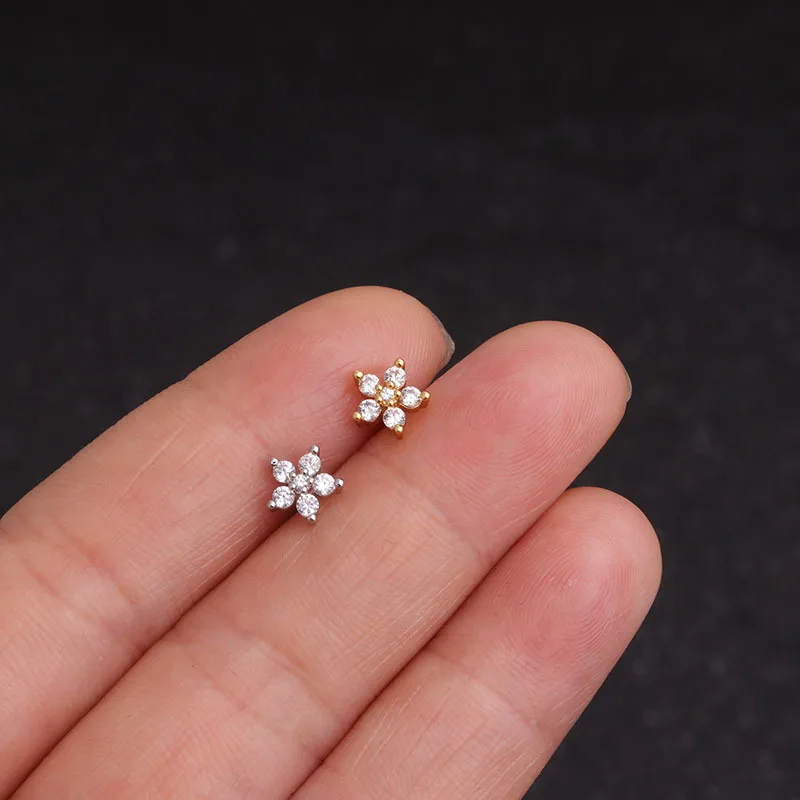 Zircon Ear Piercing For Women Stainless Steel Moon Flower Cartilage Stud Earrings Helix Tragus Rook Flat Piercing Jewelry 1PC