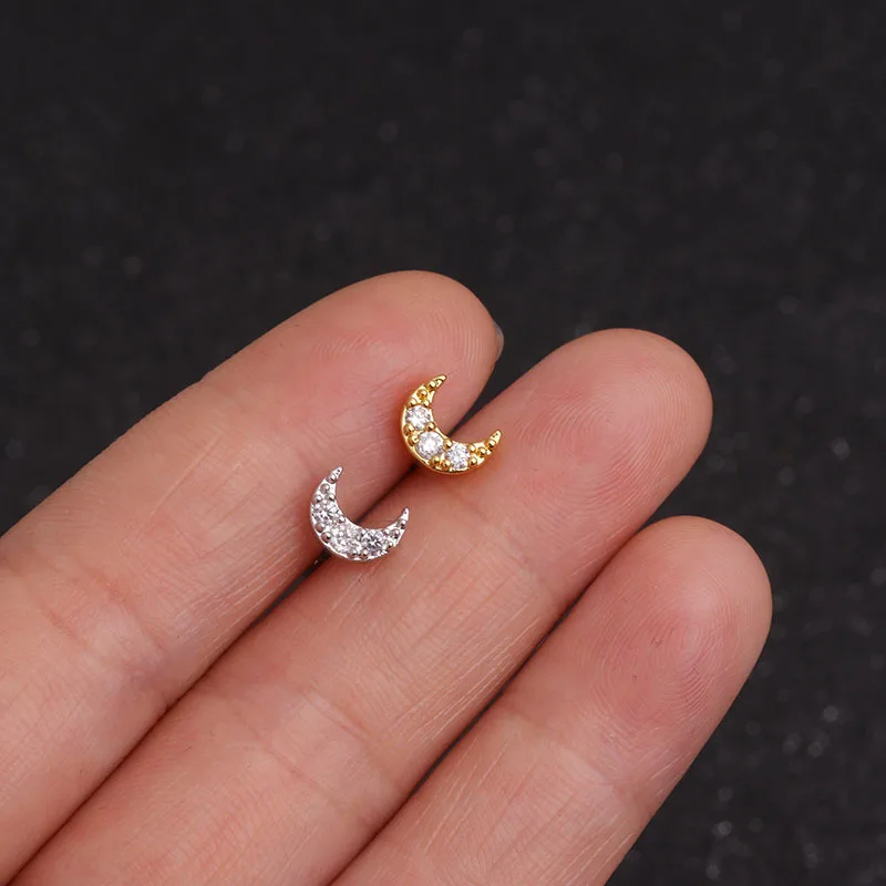 Zircon Ear Piercing For Women Stainless Steel Moon Flower Cartilage Stud Earrings Helix Tragus Rook Flat Piercing Jewelry 1PC