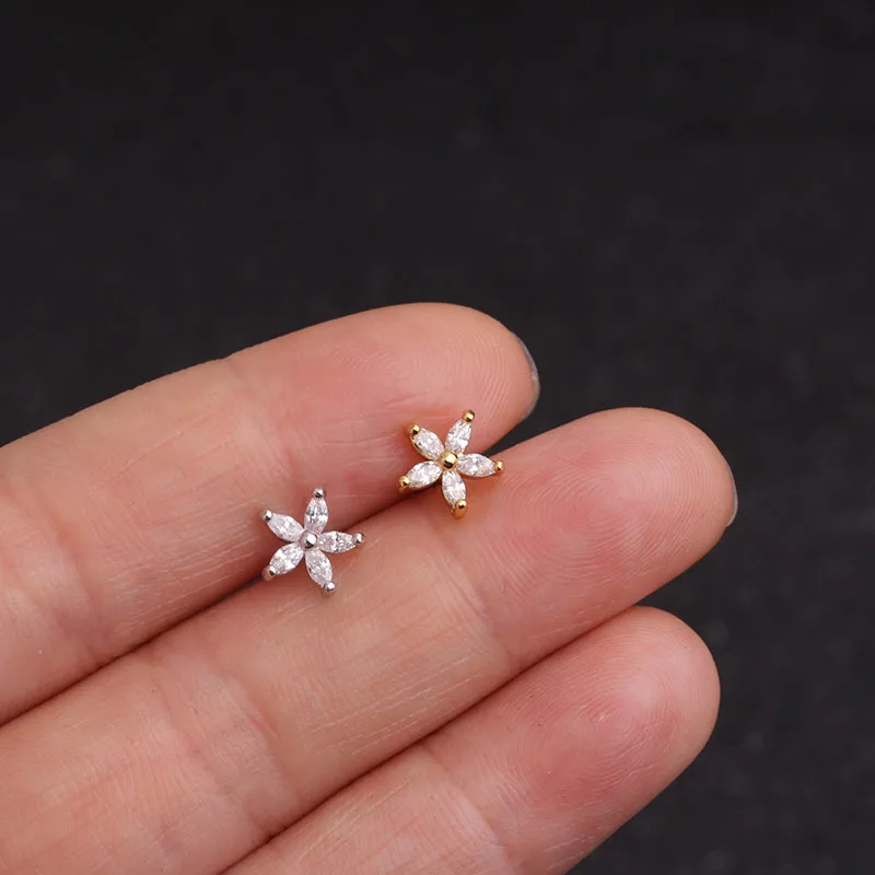 Zircon Ear Piercing For Women Stainless Steel Moon Flower Cartilage Stud Earrings Helix Tragus Rook Flat Piercing Jewelry 1PC