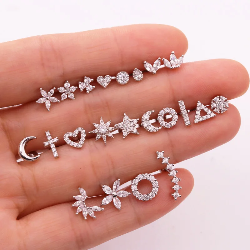 Zircon Ear Piercing For Women Stainless Steel Moon Flower Cartilage Stud Earrings Helix Tragus Rook Flat Piercing Jewelry 1PC
