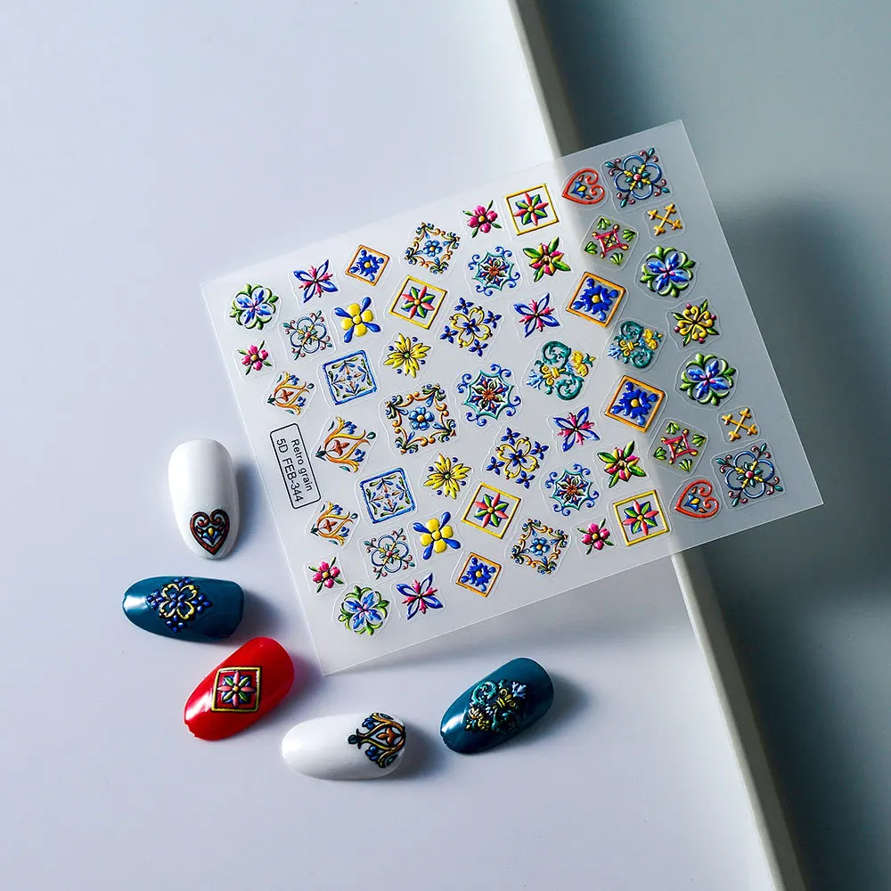 5D Embossed Bohemian Pattern Nail Art Stickers Retro Elegant Embroidery Boho Style Flower Nails Decoration Decals Supplies