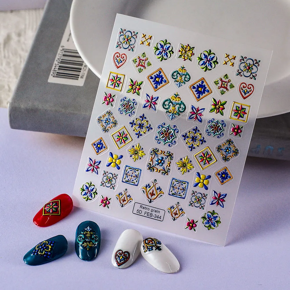 5D Embossed Bohemian Pattern Nail Art Stickers Retro Elegant Embroidery Boho Style Flower Nails Decoration Decals Supplies