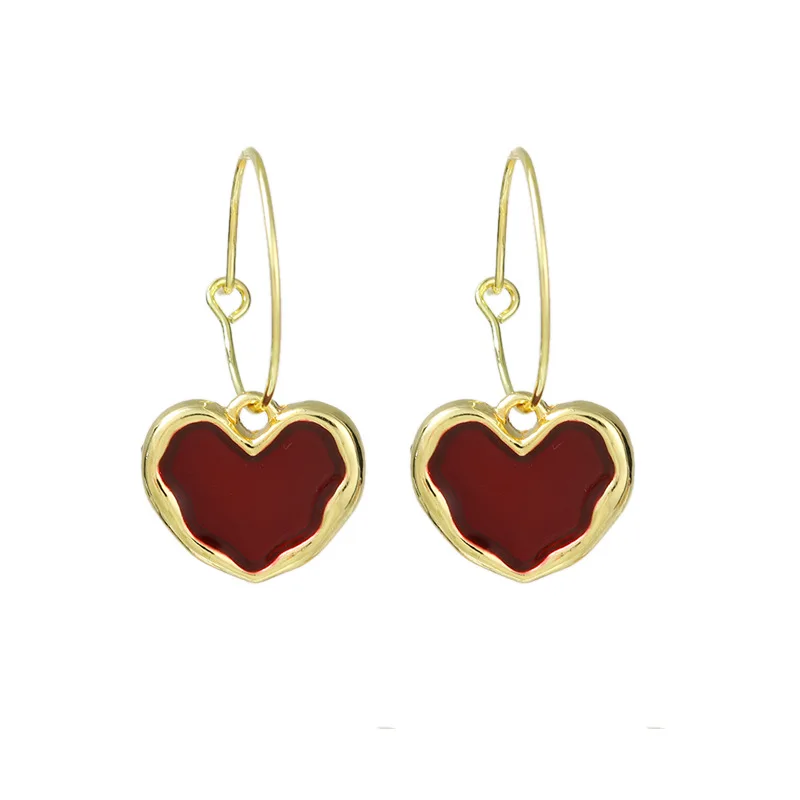Sweet Burgundy Enamel Heart Earrings for Women Gold Color Metal Love Peach Hanging Dangle Ear Vintage Jewelry Girl Brincos