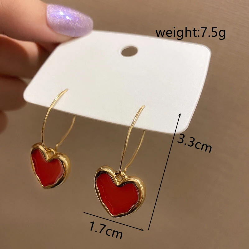 Sweet Burgundy Enamel Heart Earrings for Women Gold Color Metal Love Peach Hanging Dangle Ear Vintage Jewelry Girl Brincos