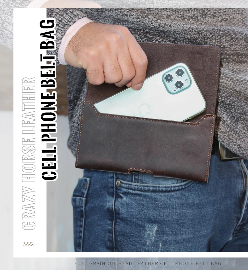 Cow Leather Men Phone Belt Clip Pouch for Apple iPhone 17 16 15 14 Pro Max Case Samsung Galaxy Cellphone 4.7-6.9 inch Waist Bag