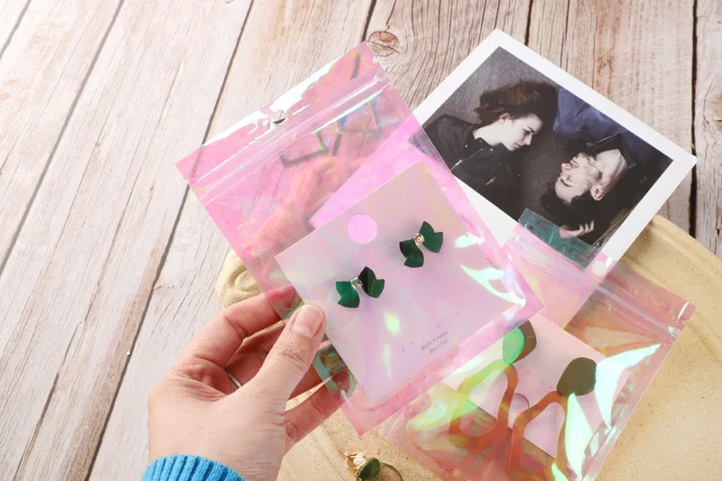 20-50pcs Sealing Opp Bags Holographic Pink Aluminum Foil Pouch Resealable Ziplock Bag for Jewelry Retail Hang Display Packaging