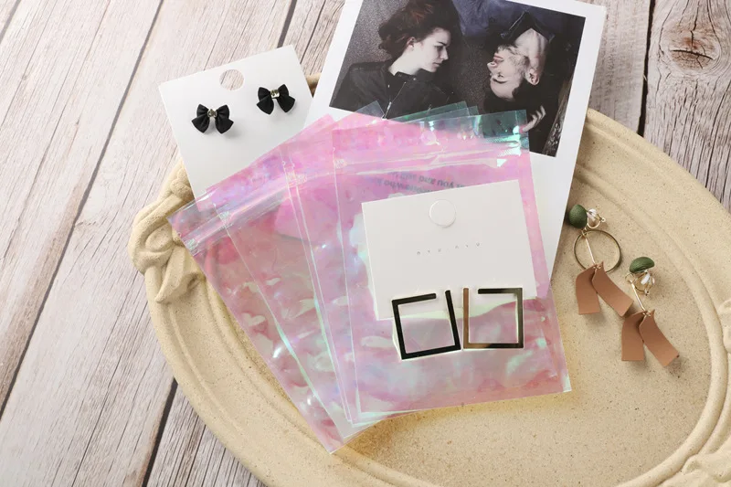 20-50pcs Sealing Opp Bags Holographic Pink Aluminum Foil Pouch Resealable Ziplock Bag for Jewelry Retail Hang Display Packaging