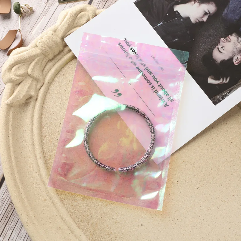20-50pcs Sealing Opp Bags Holographic Pink Aluminum Foil Pouch Resealable Ziplock Bag for Jewelry Retail Hang Display Packaging