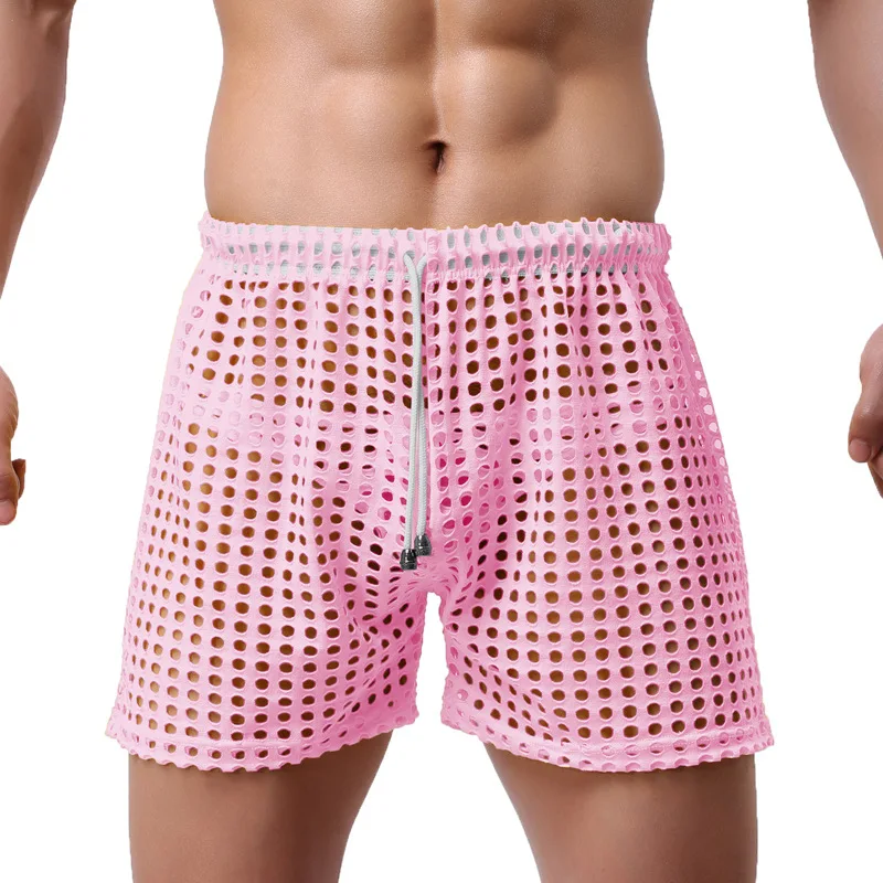 Men's Sexy Big Mesh Hollow Out Boxer Shorts Men Leisure Household Transparent Nets Board Shorts