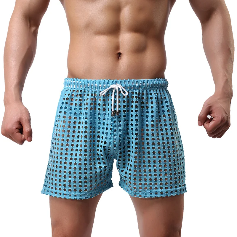 Men's Sexy Big Mesh Hollow Out Boxer Shorts Men Leisure Household Transparent Nets Board Shorts