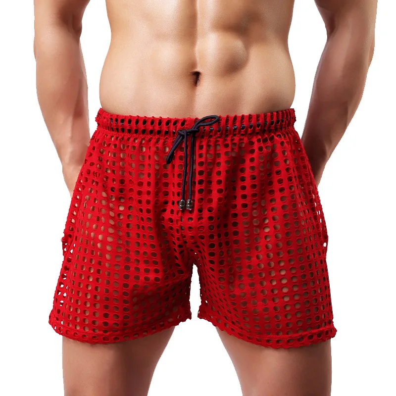 Men's Sexy Big Mesh Hollow Out Boxer Shorts Men Leisure Household Transparent Nets Board Shorts