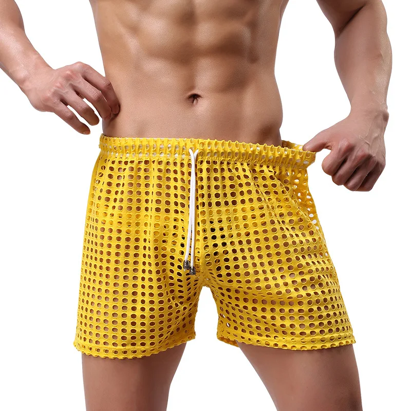 Men's Sexy Big Mesh Hollow Out Boxer Shorts Men Leisure Household Transparent Nets Board Shorts