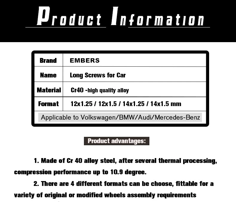 Embers Wheel Bolts Steel M12x1.5 14x1.5 14x1.25 12x1.25 of Various Lengths for BMW Volkswagen Audi Mercedes Porsche 10pcs