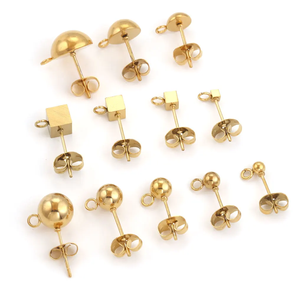 10pcs Stainless Steel Ear Post Studs Round Ball Earring Post Square Earring Plug Findings DIY Earring Jewelry Making Wholesale