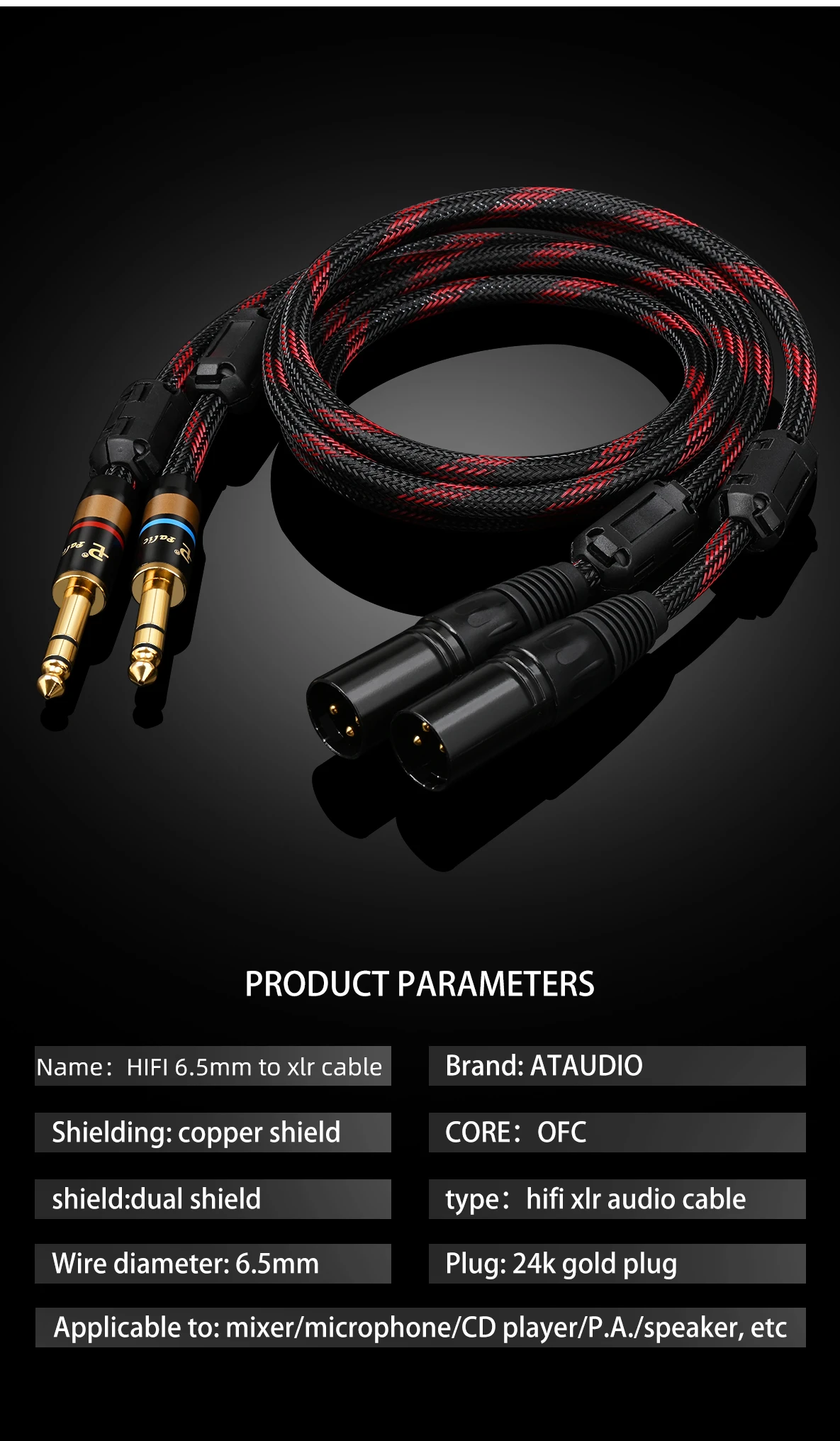 ATAUDIO HIFI Dual 6.5mm to 2 XLR Audio Cable for Adapter Amplifier Sound Box 6N OFC 6.5mm to XLR Speaker Cable