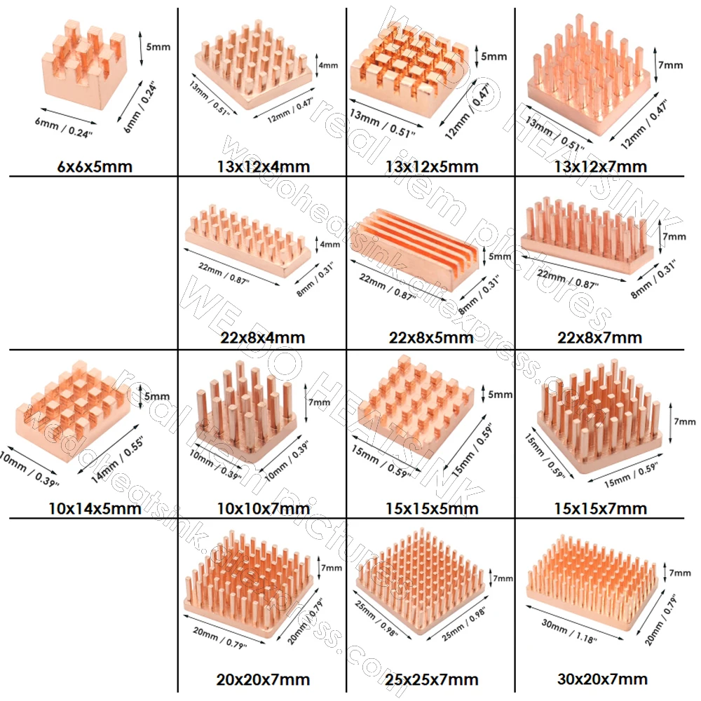 WE DO HEATSINK Useful Pure Copper Heat Sink Without or With Thermal Pad, Various Copper Shape Size Options