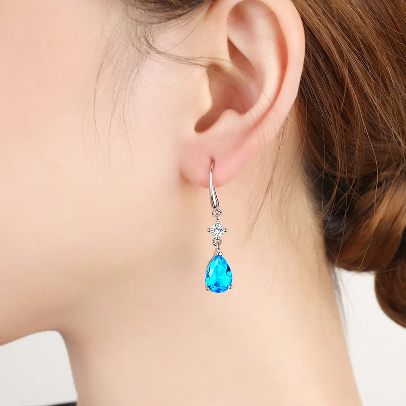 925 Sterling Silver Earrings Blue Crystal Zircon Heart-Shaped Water Drop Earrings For Women Fashion Jewelry Gifts