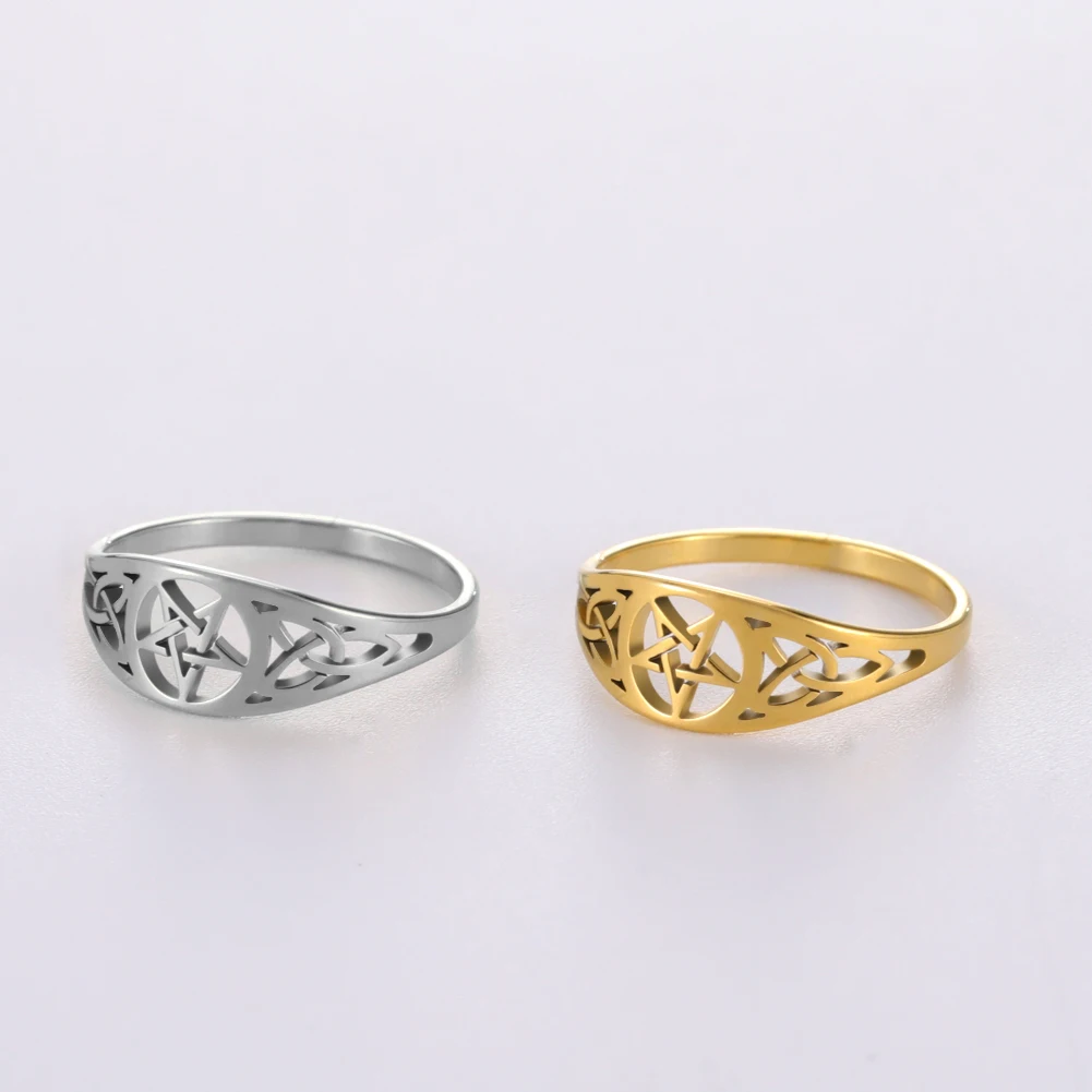 LIKGREAT Gothic Celtics Knot Pentagram Ring Women Men Stainless Steel Supernatural Wicca Amulet Rings Couple Witch Jewelry Gifts